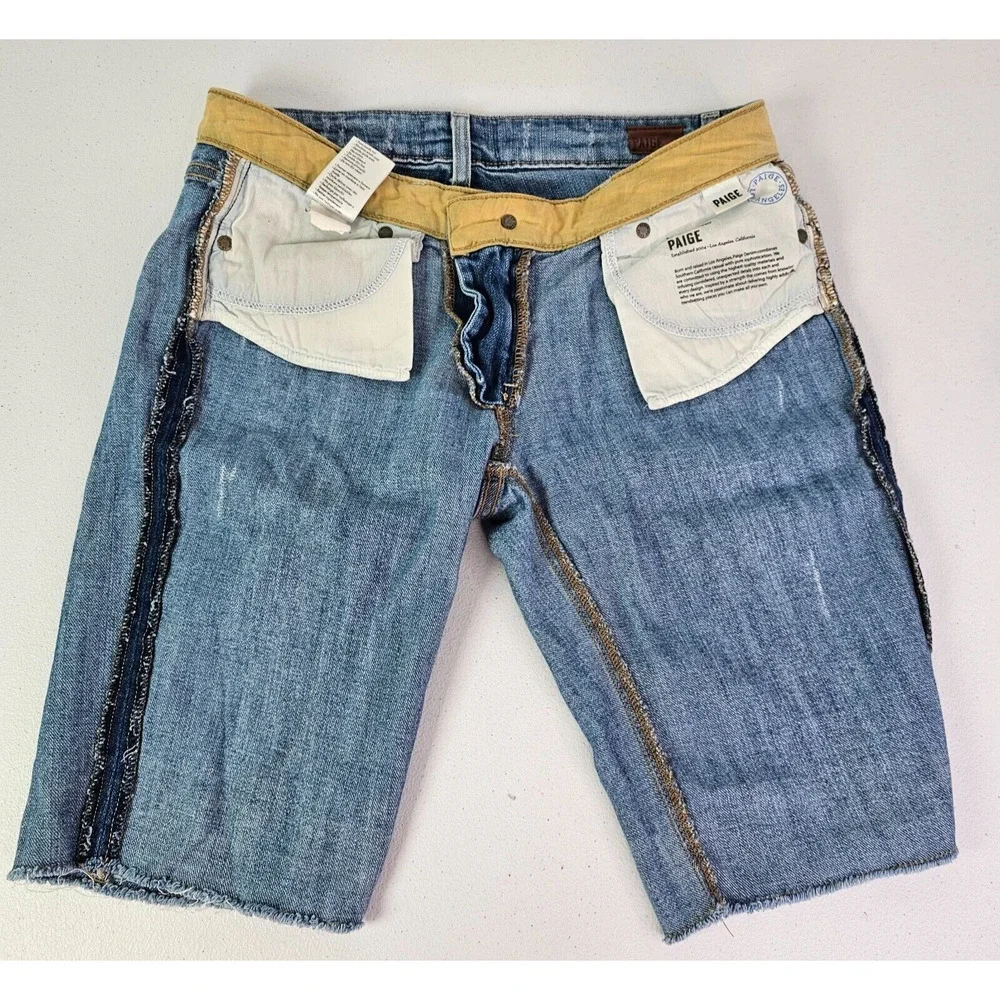 Paige Women's 27 (31x10) Blue Raw Hem Cut Off Denim Distressed Jeans Short USA - Picture 9 of 14